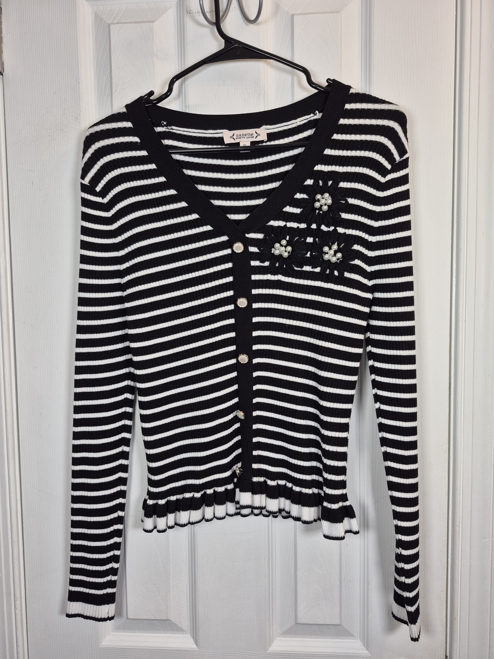 ​Nanette Lepore Striped Pearl Floral Applique Cardigan Sweater M Black White